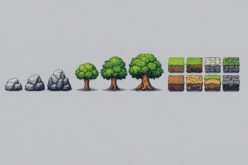 Pixel art object comparison showing different visual approaches for gameplay readability